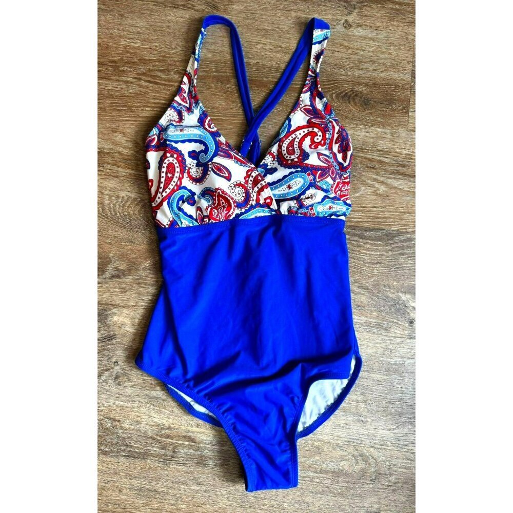 Catalina Red White Blue Paisley Print One-Piece Swimsuit Padded Size 2XL